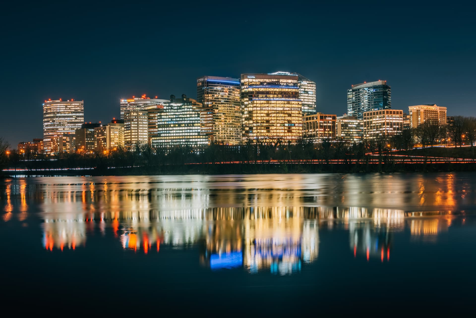 Washington D.C. skyline reflected on the Potomac at night