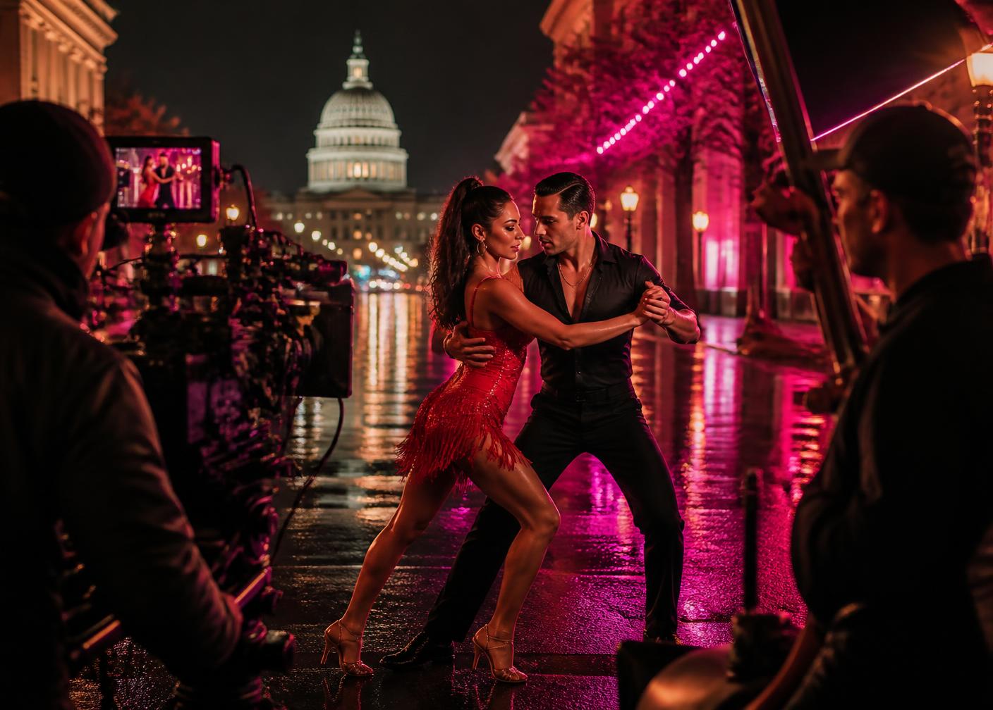 Behind the scenes: a couple dancing salsa on a neon-lit D.C. street