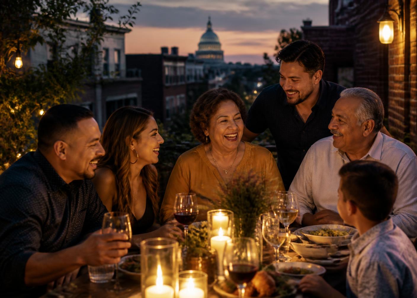 A multigenerational Latino family at a candlelit dinner in Washington D.C.
